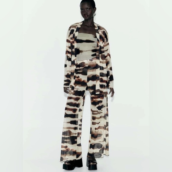 Zara High Waisted Tie Dye Tulle Print Mesh Straight Leg Pants Sz L - Picture 4 of 10